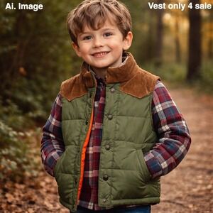 Kids Insulated Vest Sz. 6 Olive Green Corduroy Yoke Camping Cabin Gorpcore Trail